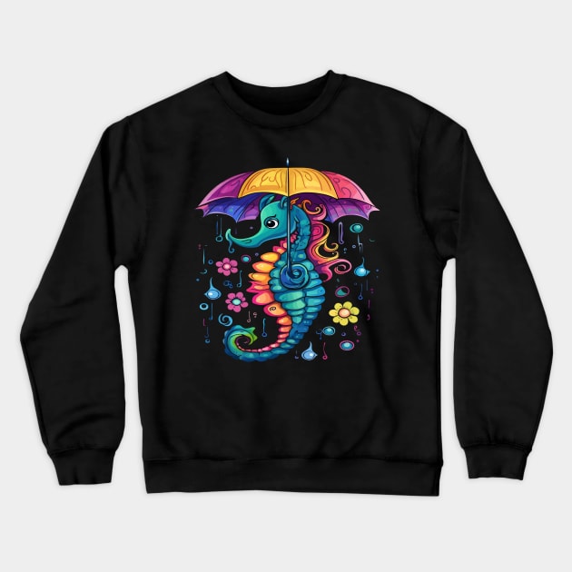 Seahorse Rainy Day With Umbrella Crewneck Sweatshirt by JH Mart